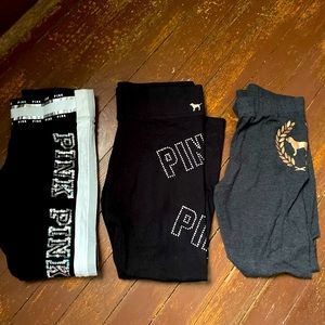 PINK Leggings— 3 pair- 2 black & 1 gray. Size Large. Great Condition.